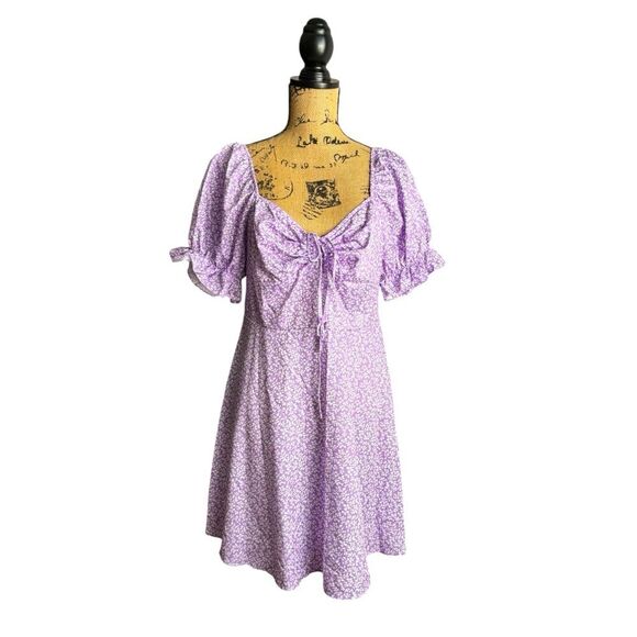 SHEIN Purple Plants Print Drawstring Ruched Front Dress Size Large NWOT - Picture 7 of 7